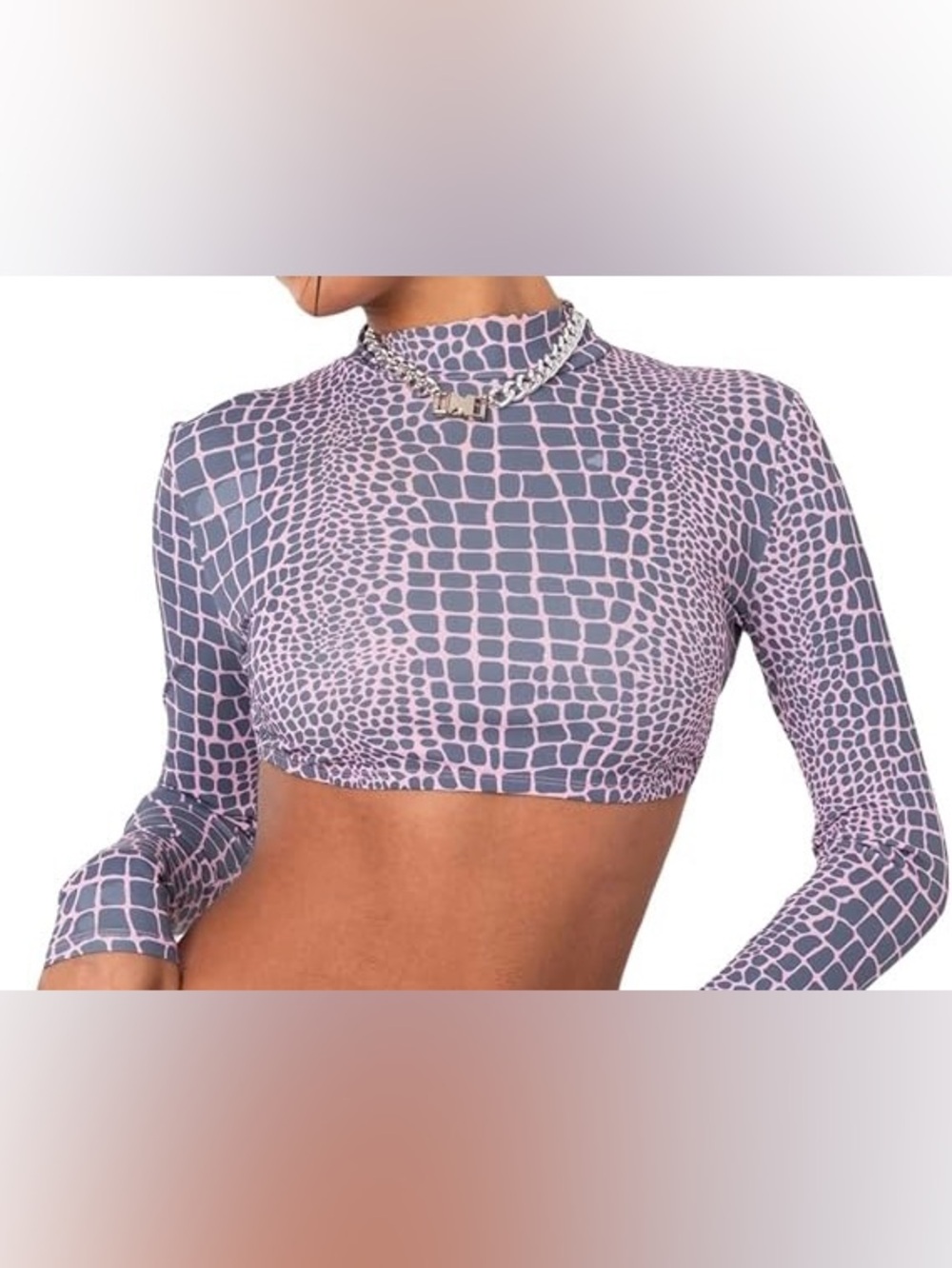 Edikted Alligator Print Pink Gray Long Sleeve Open Back Crop Top Size XS